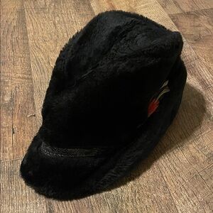Black Faux Fur Hat with Red Feather Accent